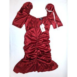 New Missguided Red Satin Milkmaid Button Ruffle Bodycon Dress Size Women's 10